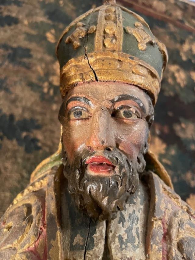 Large Polychrome Wooden Statue Of A Bishop, Mid-18th Century-photo-2