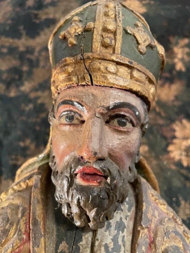 Large Polychrome Wooden Statue Of A Bishop, Mid-18th Century-photo-7