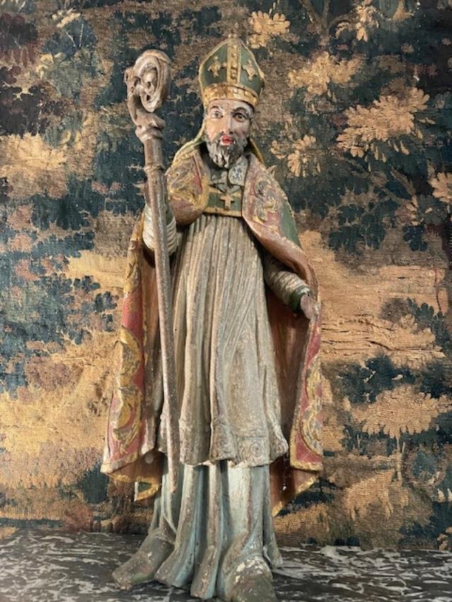 Large Polychrome Wooden Statue Of A Bishop, Mid-18th Century