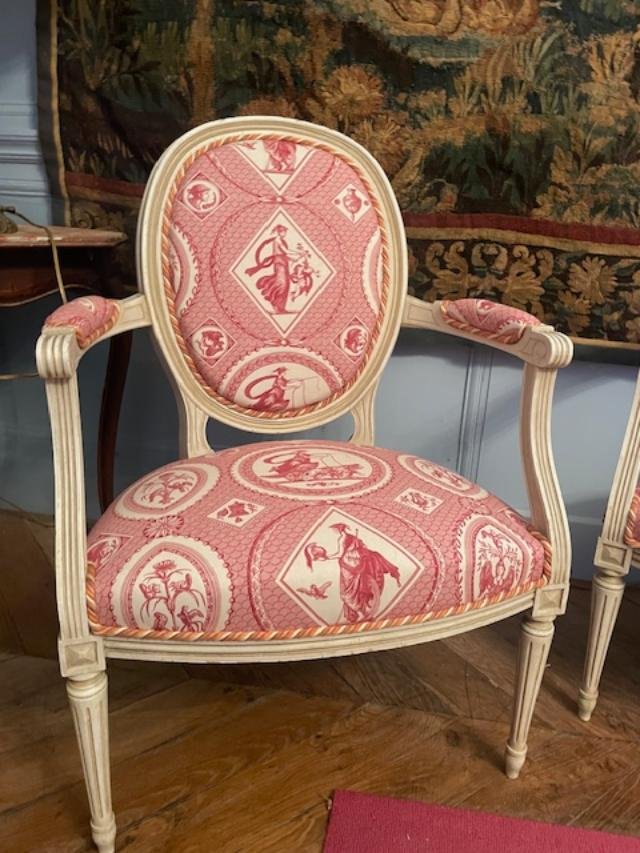 Pair Of Louis XVI-style Lacquered Wooden Armchairs-photo-2