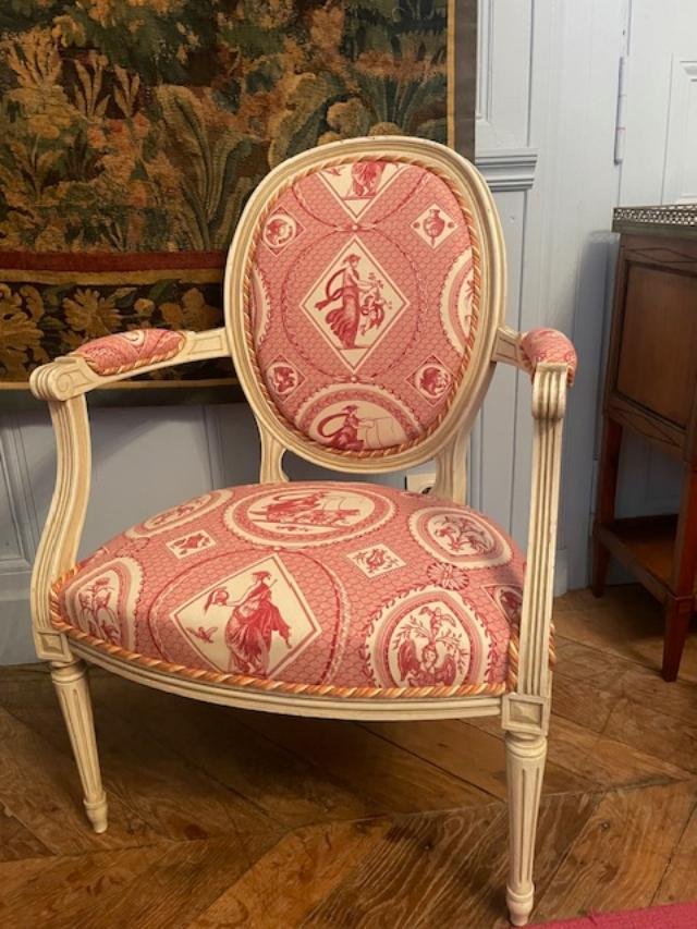 Pair Of Louis XVI-style Lacquered Wooden Armchairs-photo-3