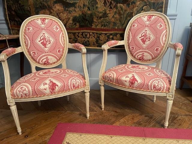 Pair Of Louis XVI-style Lacquered Wooden Armchairs