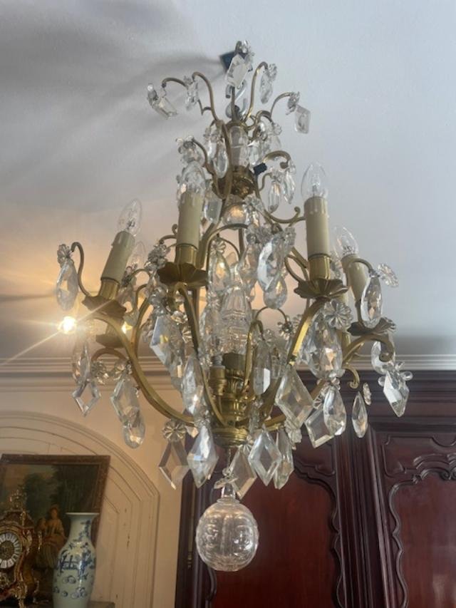 Lustre cage en bronze et cristal de style Louis XV