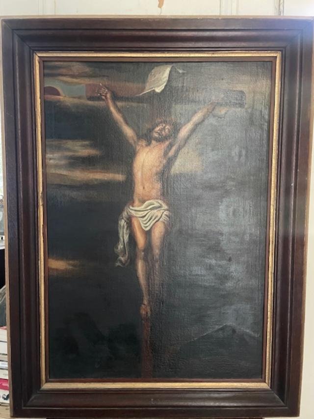 Importante huile sur toile du 18 ème , le Christ en croix