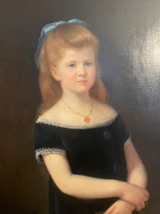 Important portrait d'une jeune fille à la rose , époque 19 ème-photo-2