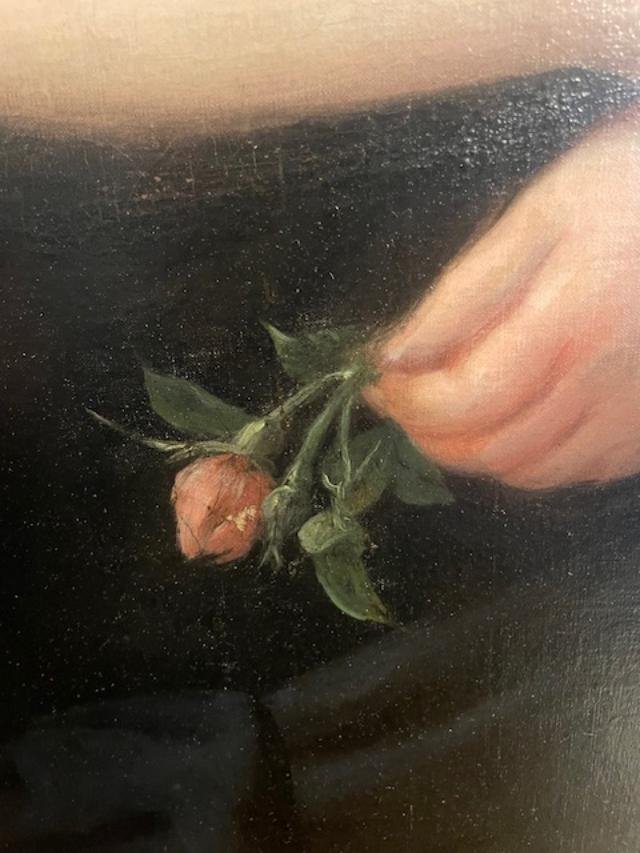 Important portrait d'une jeune fille à la rose , époque 19 ème-photo-4