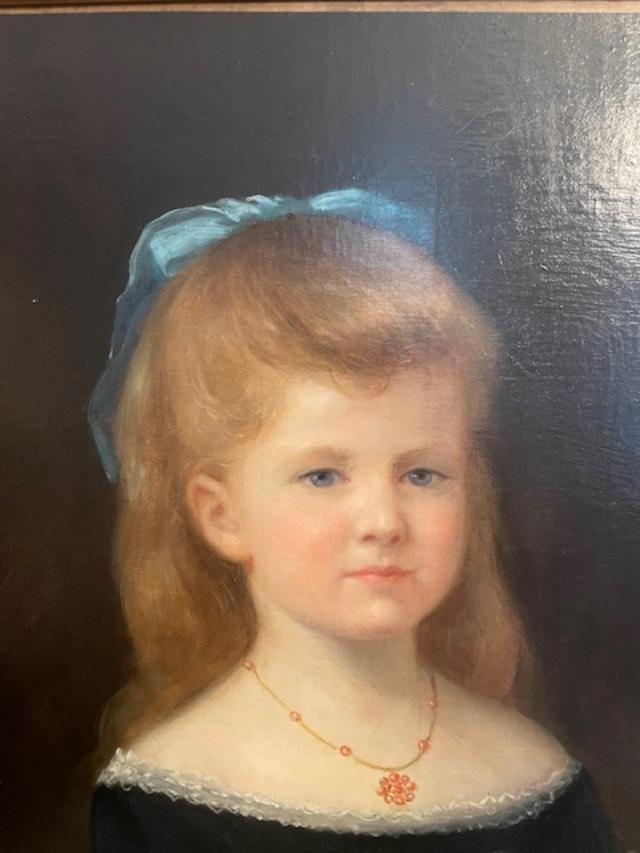 Important portrait d'une jeune fille à la rose , époque 19 ème-photo-4