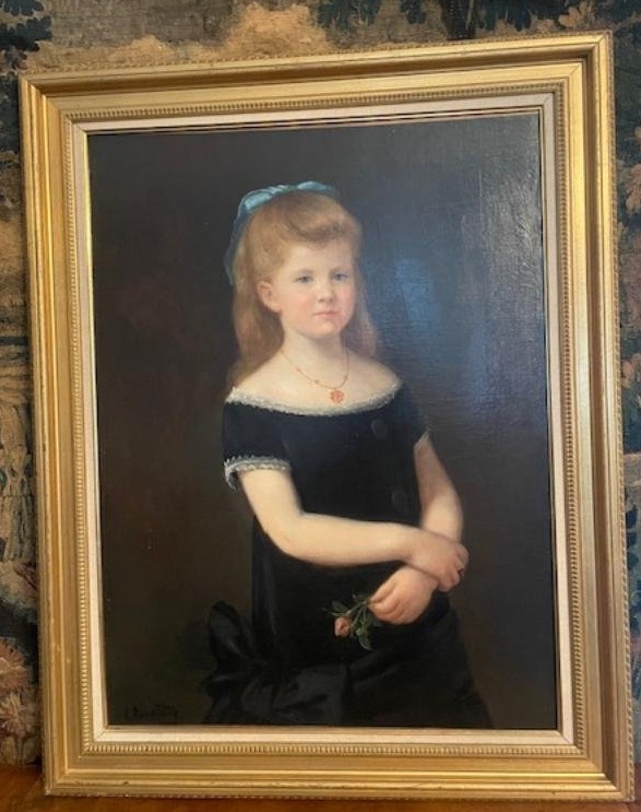 Important portrait d'une jeune fille à la rose , époque 19 ème