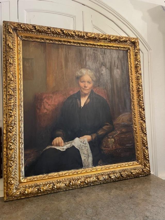 Important portrait d'une femme à la dentelle , huile sur toile.-photo-2