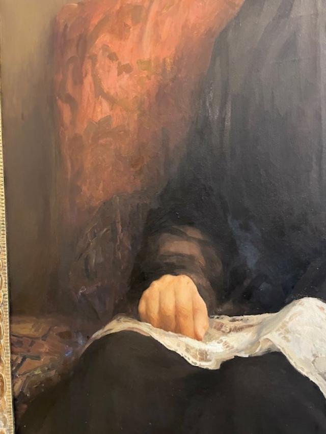 Important portrait d'une femme à la dentelle , huile sur toile.-photo-1