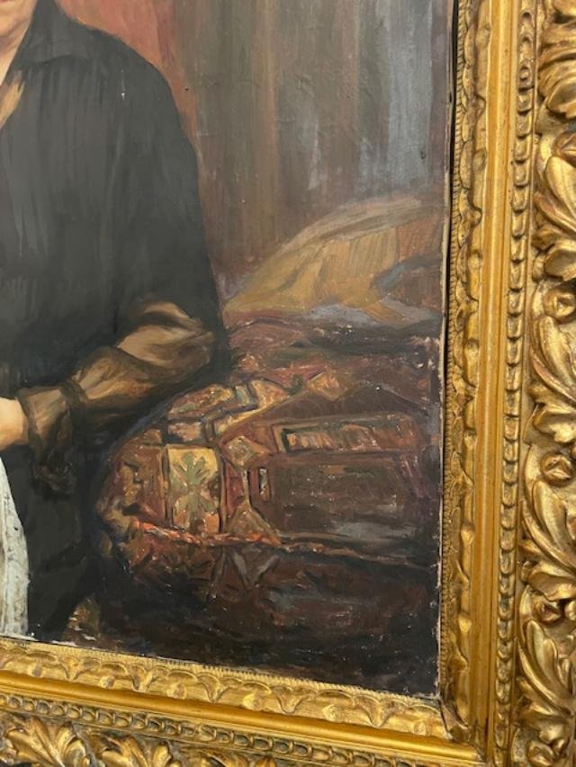 Important portrait d'une femme à la dentelle , huile sur toile.-photo-2