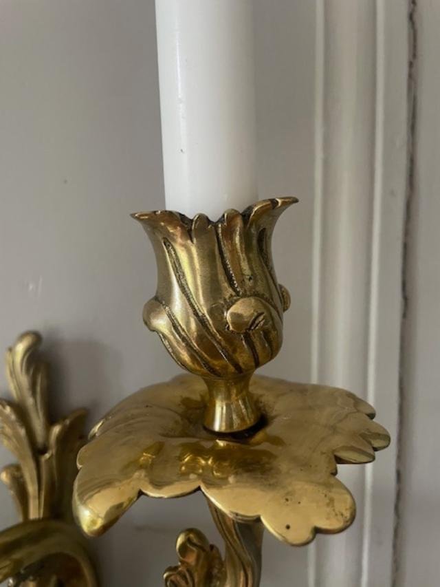 Pair Of Louis XV Wall Sconces In Gilded Bronze-photo-1