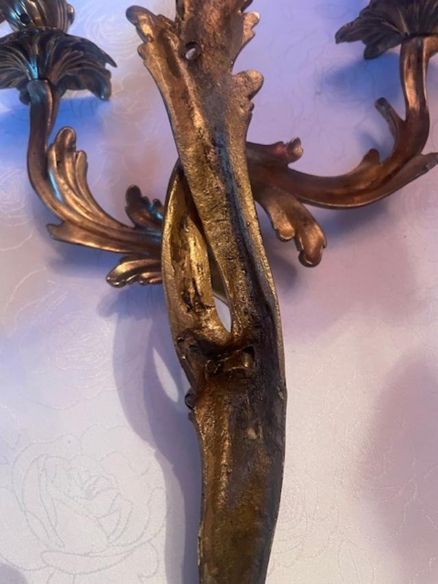 Pair Of Louis XV Wall Sconces In Gilded Bronze-photo-4