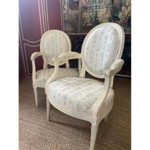 Pair Of Lacquered Medallion Armchairs, Louis XVI Period