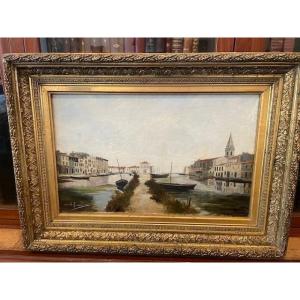 Ecole Française du 19 ème , huile sur toile figurant des canaux en provence