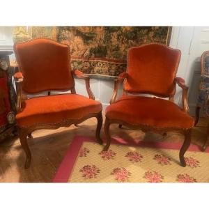 Pair Of Large 18th-century Louis XV Period Armchairs With Flat Backs, à La Reine Style