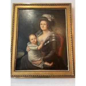 Large Portrait Of A Mother And Child From The 18th Century, Late Louis XVI Period