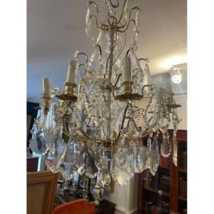 Grand lustre en bronze et cristal à 8 bras de lumière