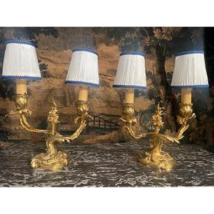 Pair Of Bronze Candlesticks With Rocaille Decoration