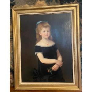 Important portrait d'une jeune fille à la rose , époque 19 ème