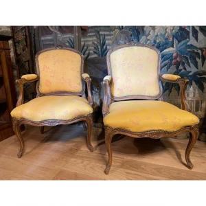 Pair Of Louis XV Style Armchairs In Natural Wood