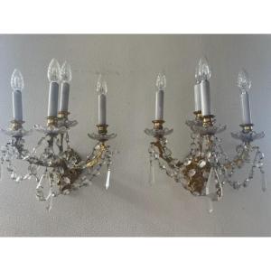 Pair Of Sconces With Four Arms Of Light In Gilded Bronze And Pendants