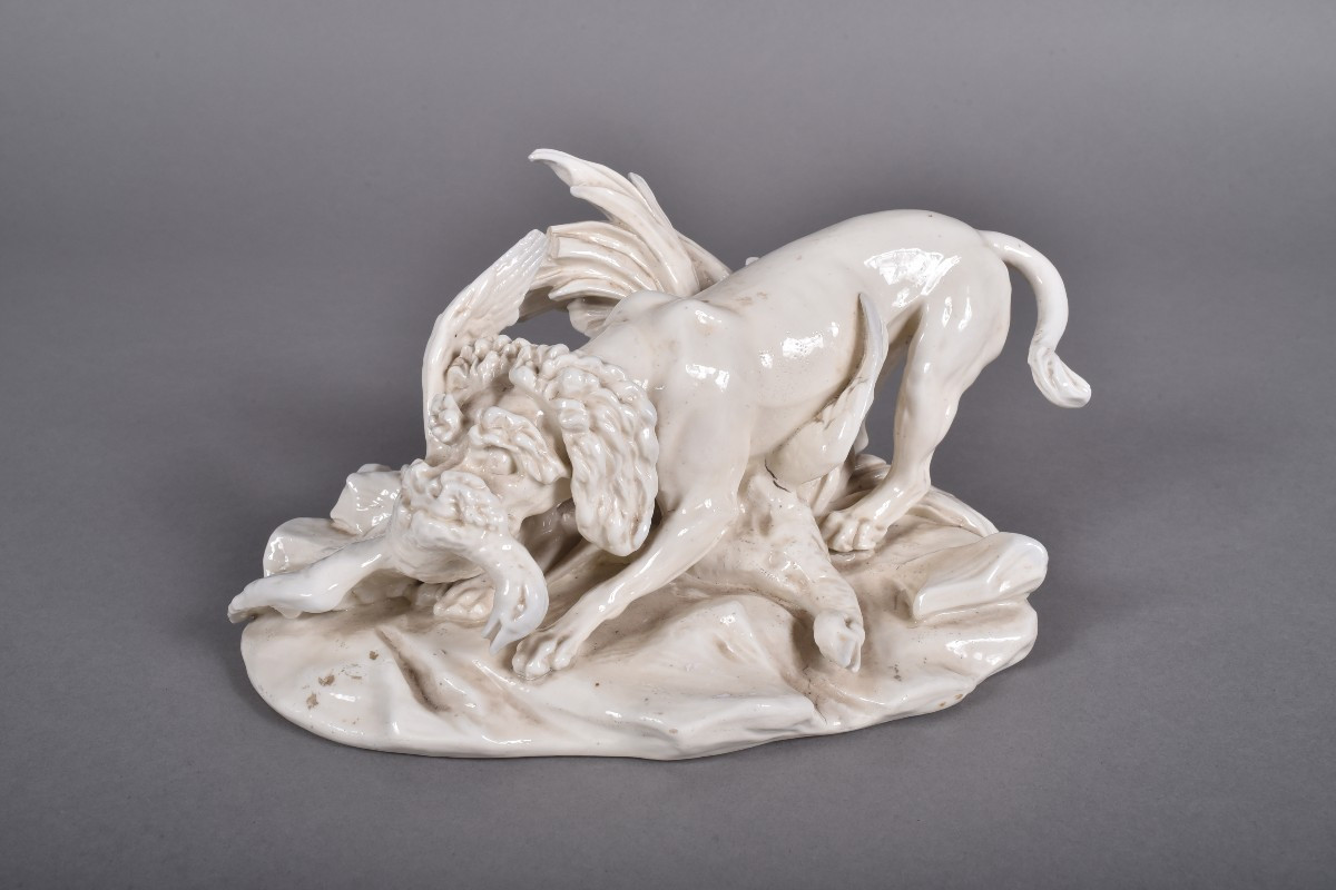 Jean Baptiste Oudry, chien Barbet chassant des Canards, faience