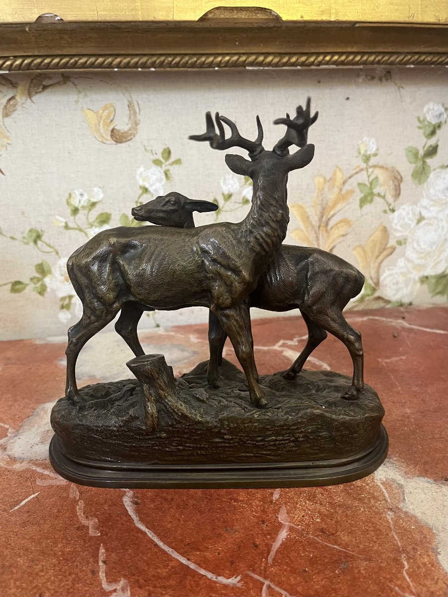 Alfred Dubucand, Animal Bronze Sculptures, Stag And Doe-photo-1
