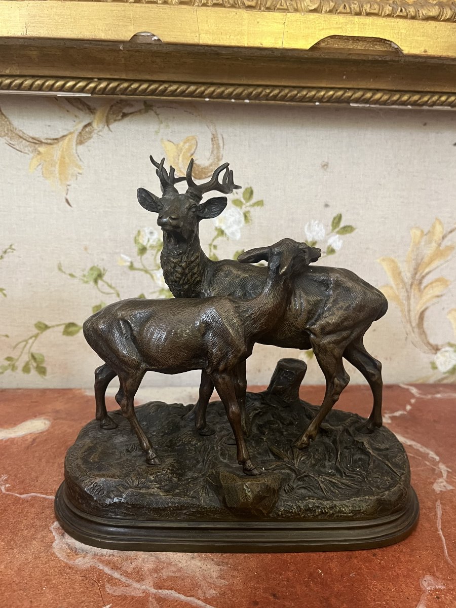 Alfred Dubucand, Animal Bronze Sculptures, Stag And Doe