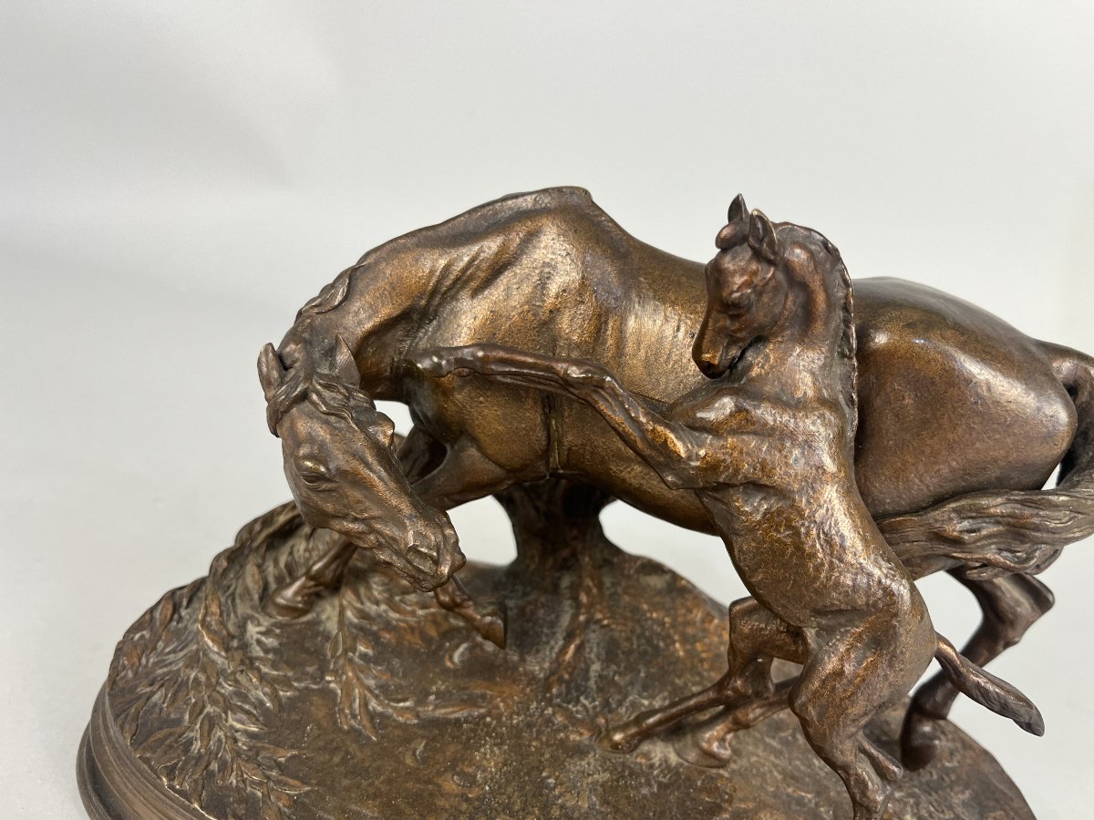 Animal Bronze Sculpture By Pierre Jules Mene, A Mare And Her Foal-photo-2
