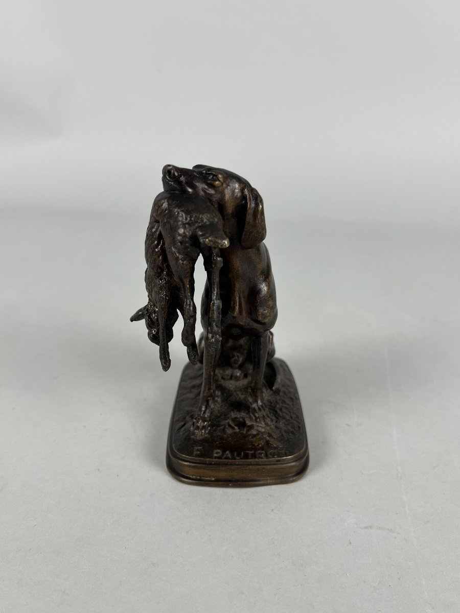 bronze animalier, Ferdinand Pautrot, braque au lièvre, chien de chasse-photo-1