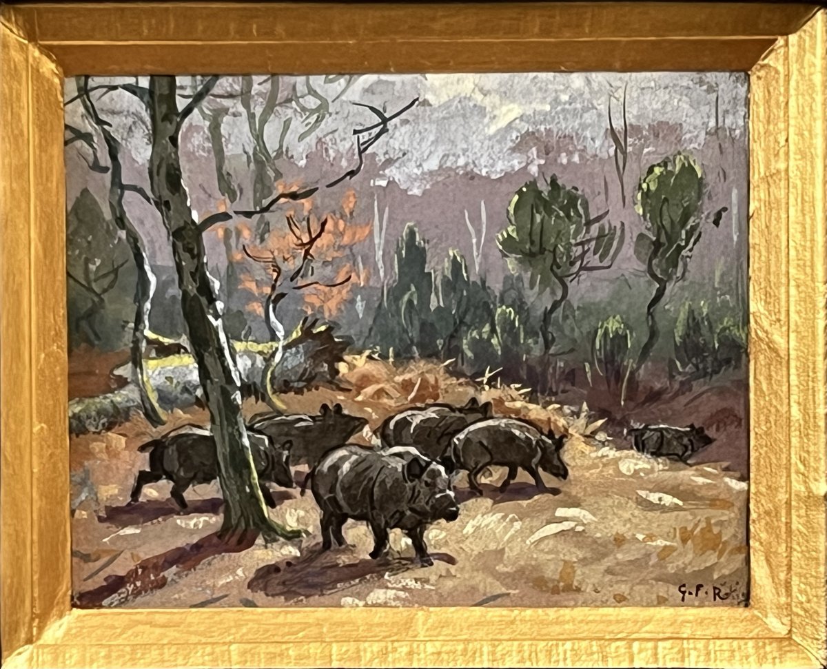 Georges Frederic Rötig, Compagnie de sangliers dans la neige, aquarelle gouachée-photo-2