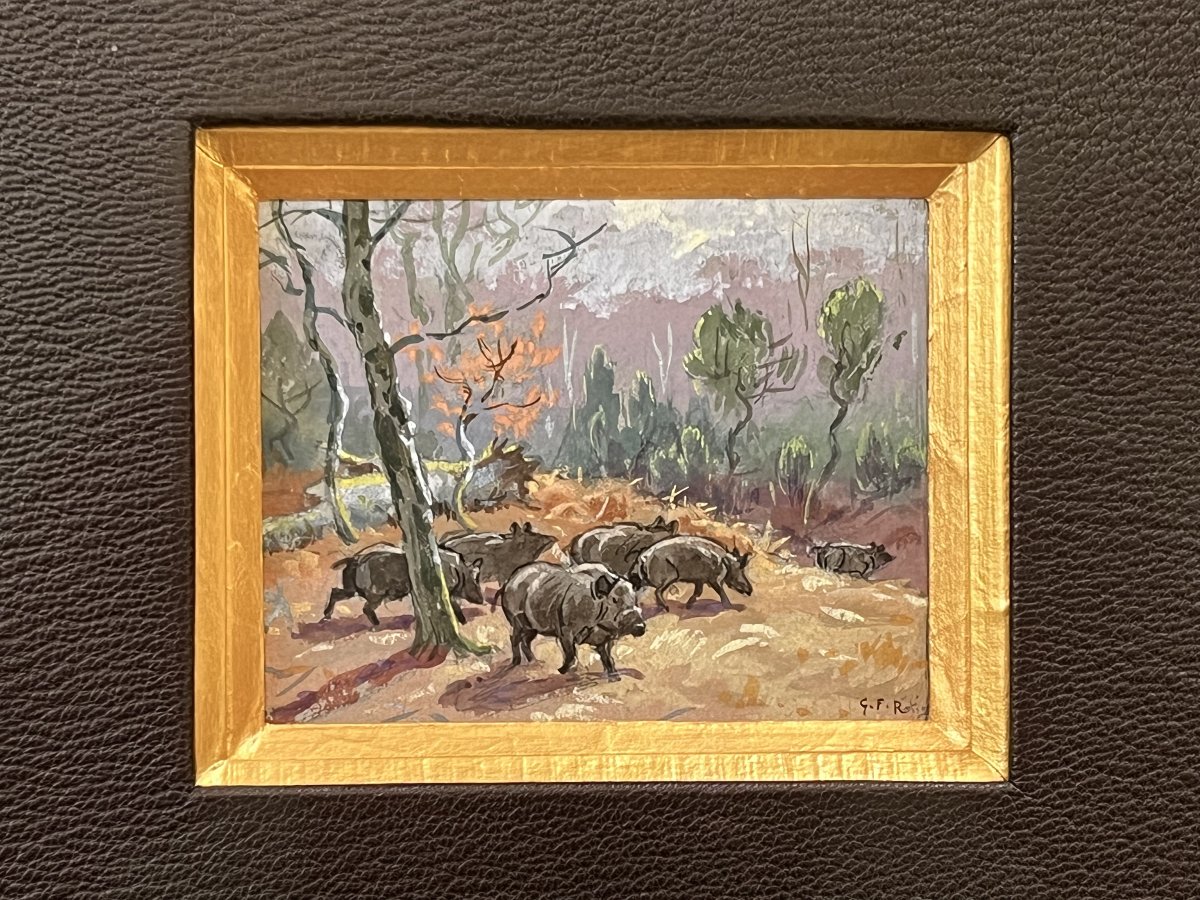 Georges Frederic Rötig, Compagnie de sangliers dans la neige, aquarelle gouachée
