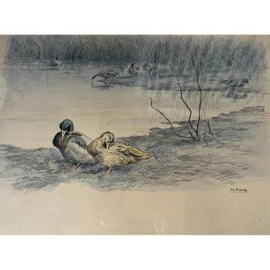 Charles Jean Hallo (1882-1969), Canards au bord d'un étang Solognot