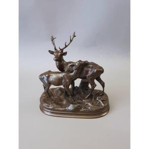 Animal Bronze, Stag And Doe, Alfred Dubucand, Hunting, Hunting