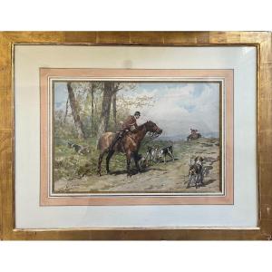 Charles Olivier De Penne, Scène De Vénerie,chasse, Chevaux Et Chiens Courant