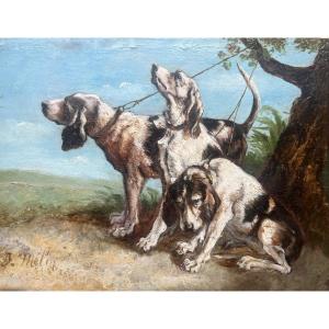 Relais de chiens de meute ou chien de chasse, huile sur toile, J.Melin