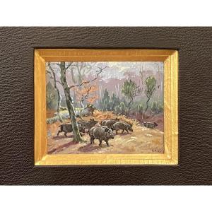 Georges Frederic Rötig, Compagnie de sangliers dans la neige, aquarelle gouachée