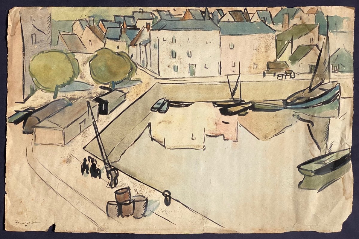 Louis Robert Antral (1895-1940) Watercolor On Paper Signed Le Port De Havre