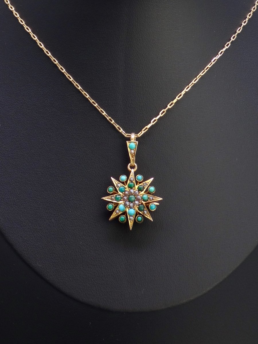 Old Star Pendant In Solid Gold Decorated With Turquoises And Pearls, 19th Century-photo-3