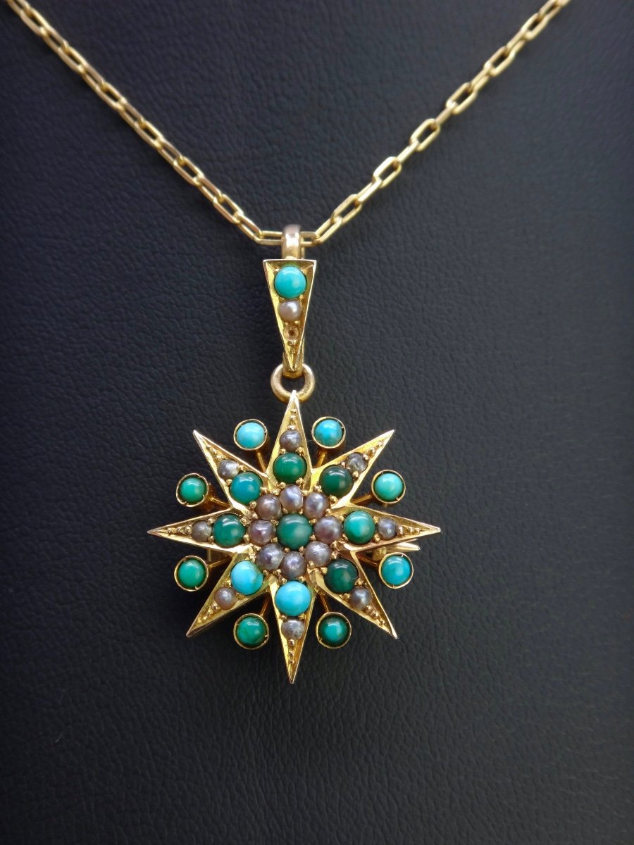 Old Star Pendant In Solid Gold Decorated With Turquoises And Pearls, 19th Century-photo-4