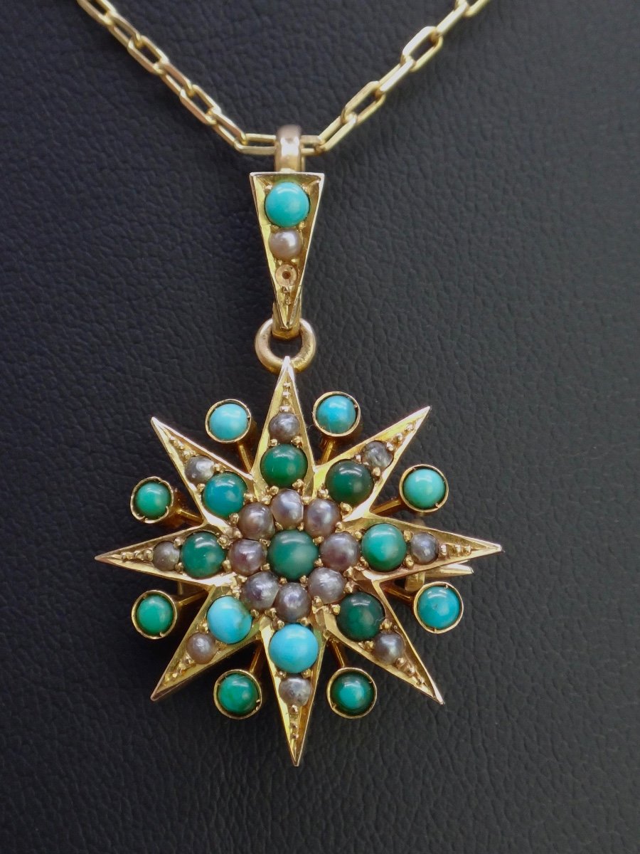 Old Star Pendant In Solid Gold Decorated With Turquoises And Pearls, 19th Century-photo-1