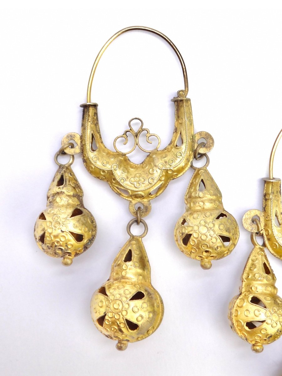 Pair Of Dormeuse Earrings In Silver Vermeil 19th Century Dubrovnick Ottoman Art -photo-3