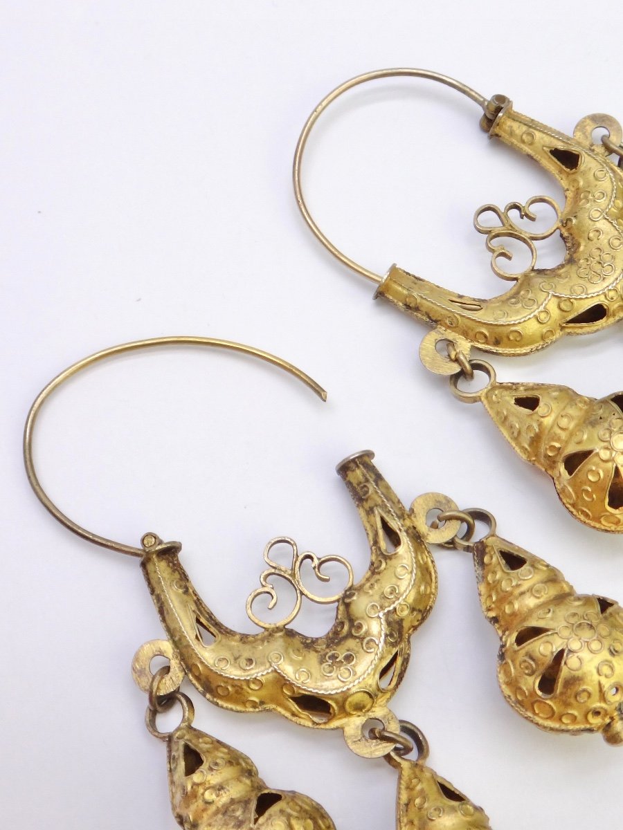 Pair Of Dormeuse Earrings In Silver Vermeil 19th Century Dubrovnick Ottoman Art -photo-4
