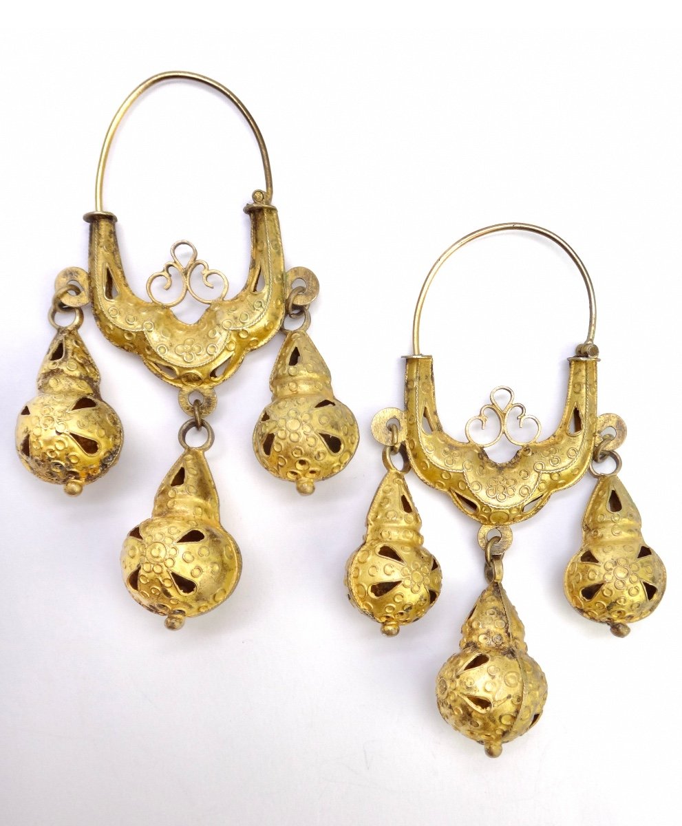 Pair Of Dormeuse Earrings In Silver Vermeil 19th Century Dubrovnick Ottoman Art 
