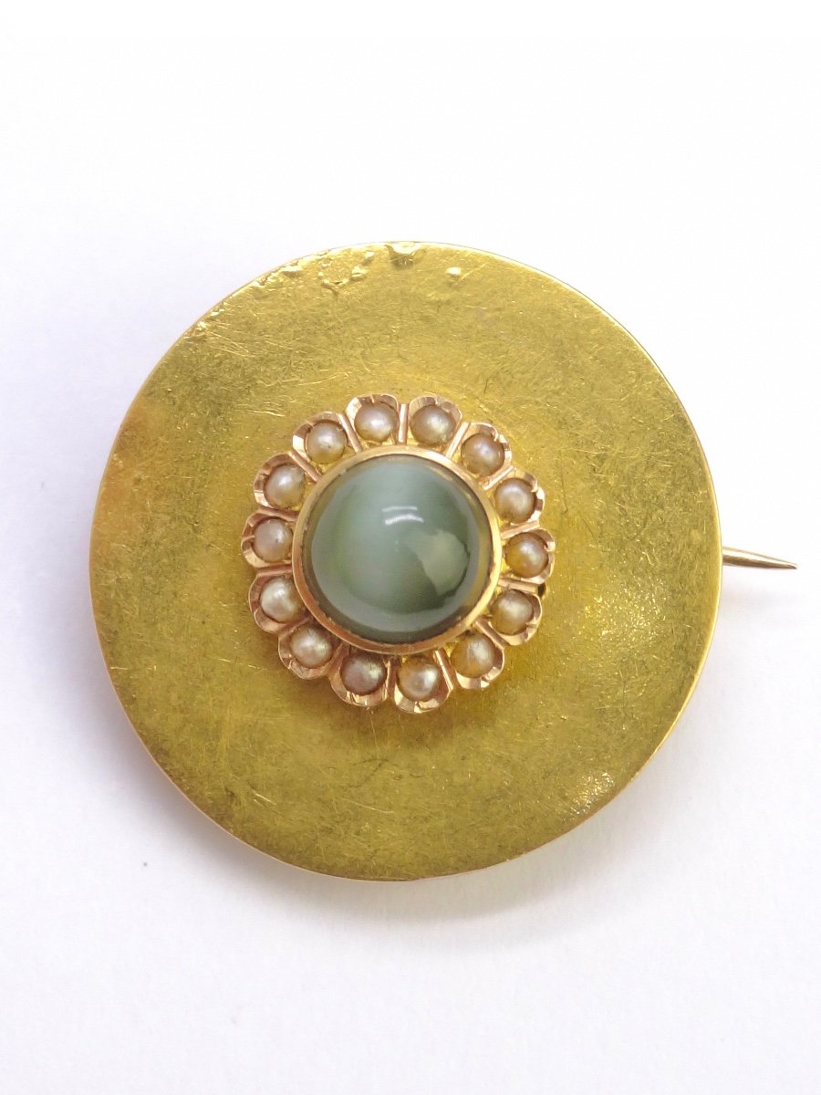 Broche bouton oeil de Chat en Or 18K orné d'un Chrysobéryl -photo-2