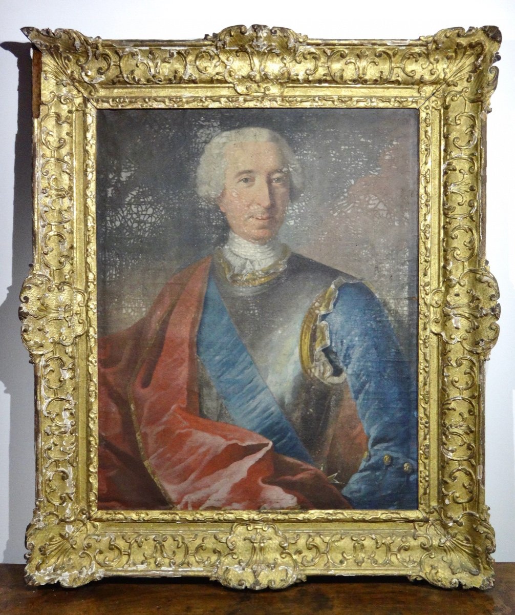 Important portrait de Nicolas Joseph Balthazar de Langlade cadre en bois doré et sculpté époque XVIIIe