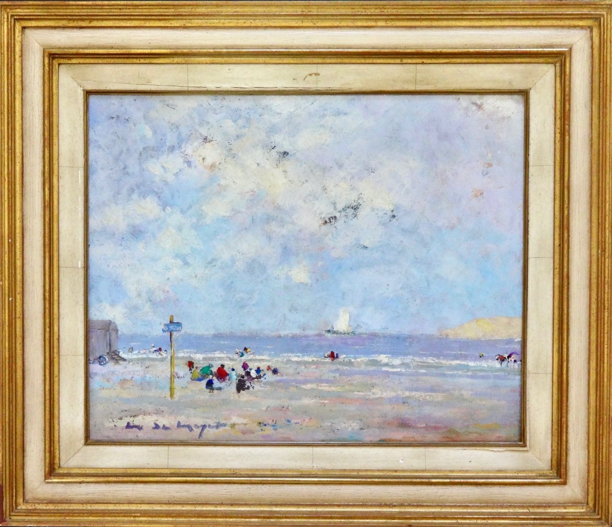 Maurice de Meyer (1911-1999)  HST Marine scène de Plage signée et encadrée 