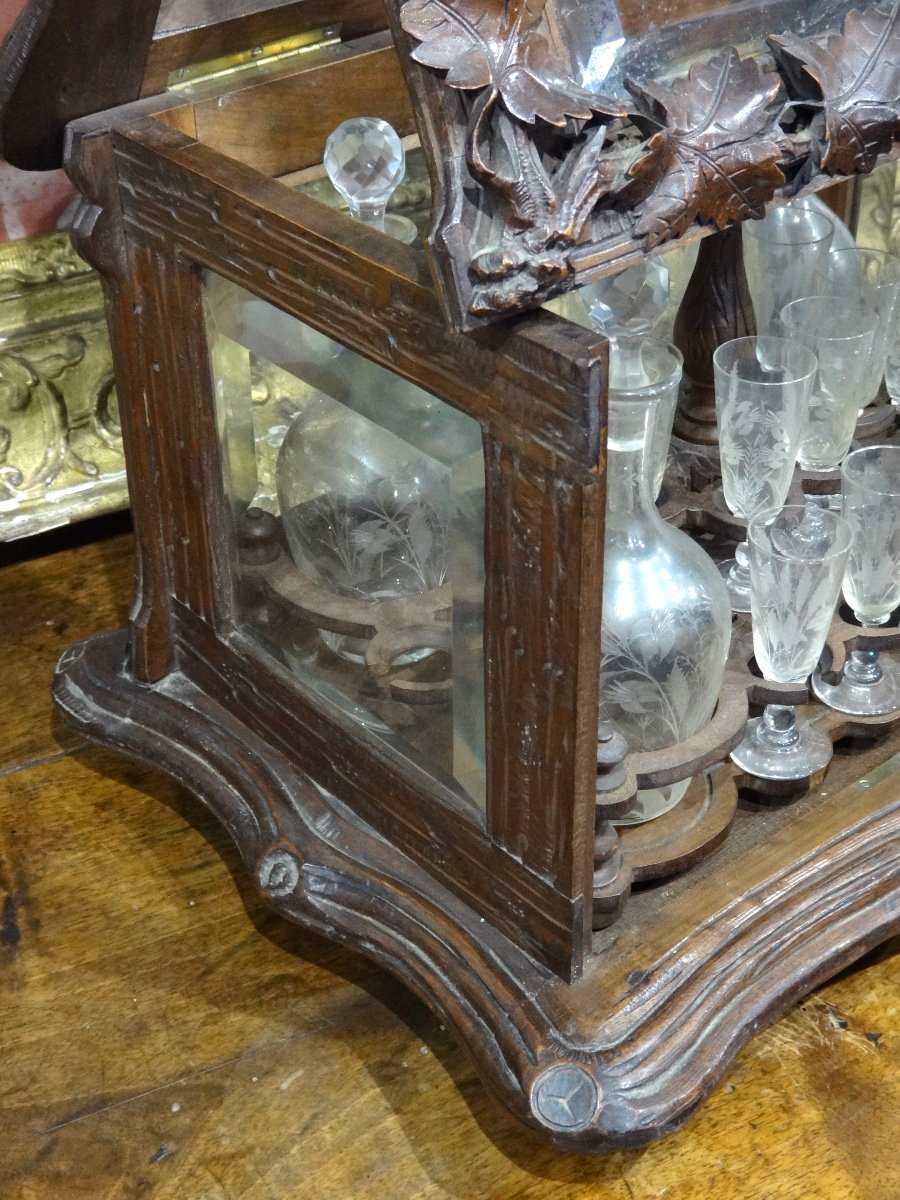 Liqueur Cellar In Carved Wood And Crystal From Saint Louis Black Forest 19th Century-photo-3