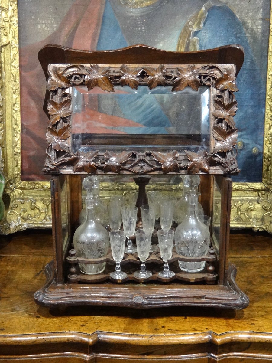Liqueur Cellar In Carved Wood And Crystal From Saint Louis Black Forest 19th Century